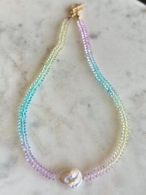 Pastel Rainbow Glass Bead Necklace with Baroque Pearl